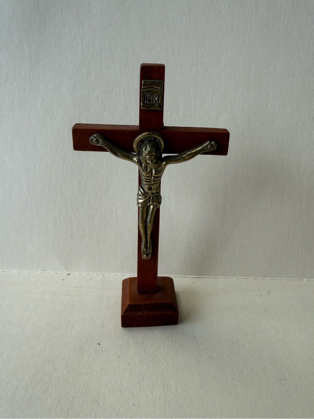 Vintage Mini Tiny Shelf Standing Wood and Metal Cross Crucifix.